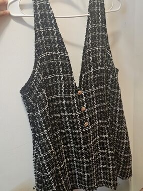 Black and White Tweed Plunging Button-Front Dress